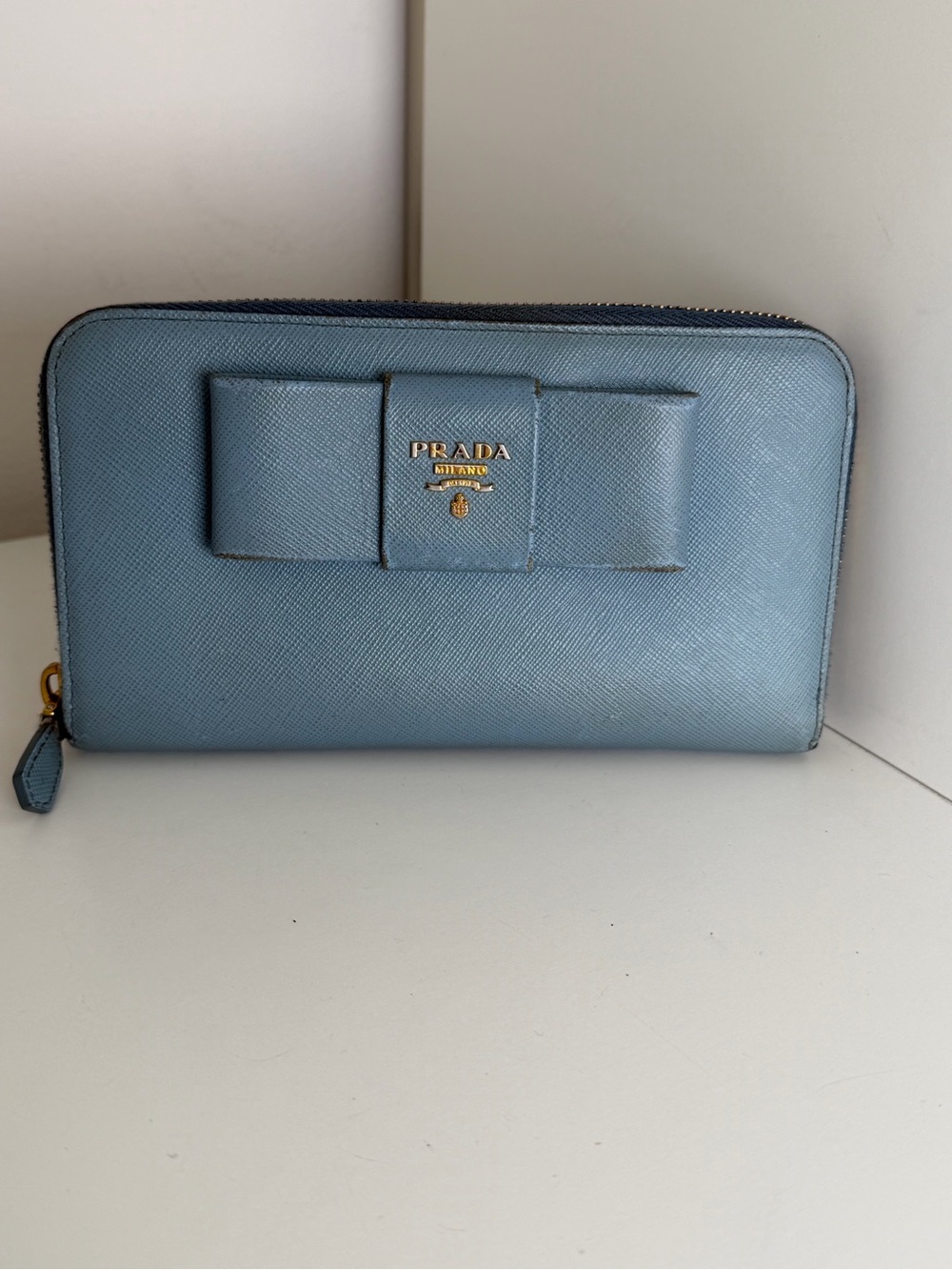 Authentic Prada Saffiano Bow Zip Around Wallet – Light Blue